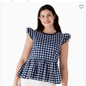 Kate spade navy and white gingham peplum T with riffled capped sleeves.